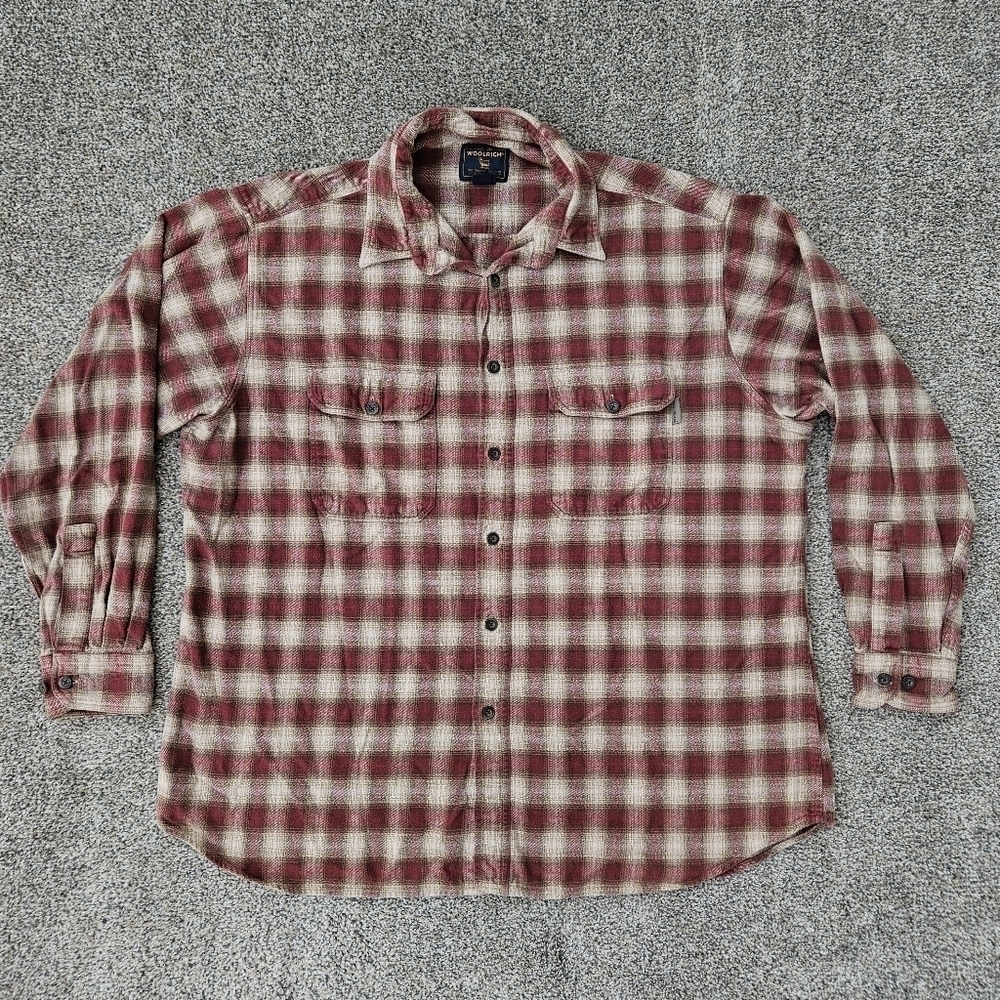 Vintage Woolrich Flannel Shirt Red Brown Plaid Long Sleeve Button Down Mens XL